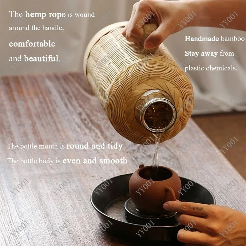 Handmade Bamboo Weaving Vacuum Flask Glass Liner Large Capacity Water Bottle With Handle