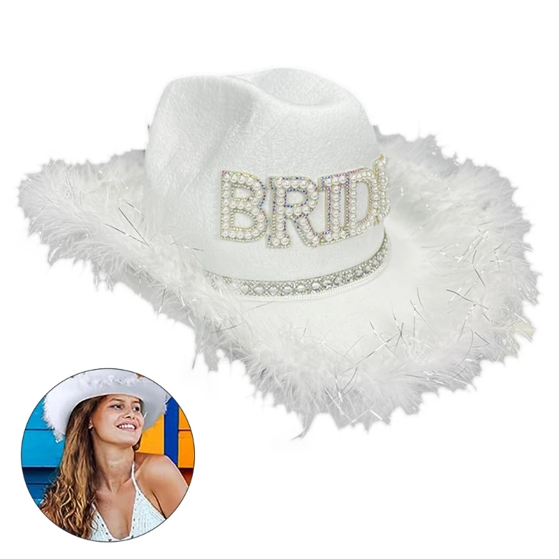 

BRIDE Cowboy Hats for Wedding Party Pearl Decors Cowgirls Hat for Vacation Spring Outdoor Sunproof Hat with Plush Trim