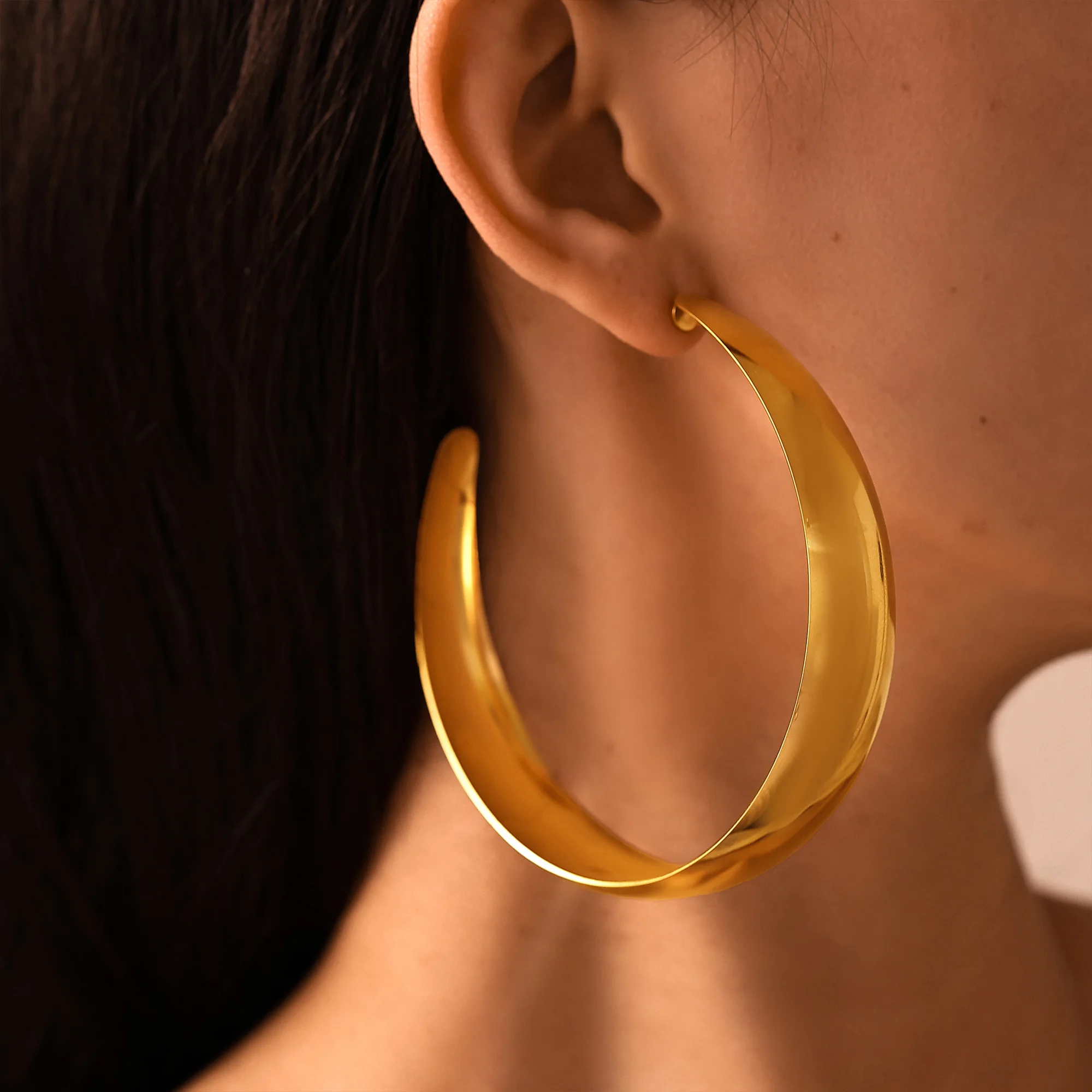 Hyperbole Large Hoop Earrings For Women Stainless Steel 18k Gold Plated Glossy Surface Women's Big Earring Simple Female Hoops