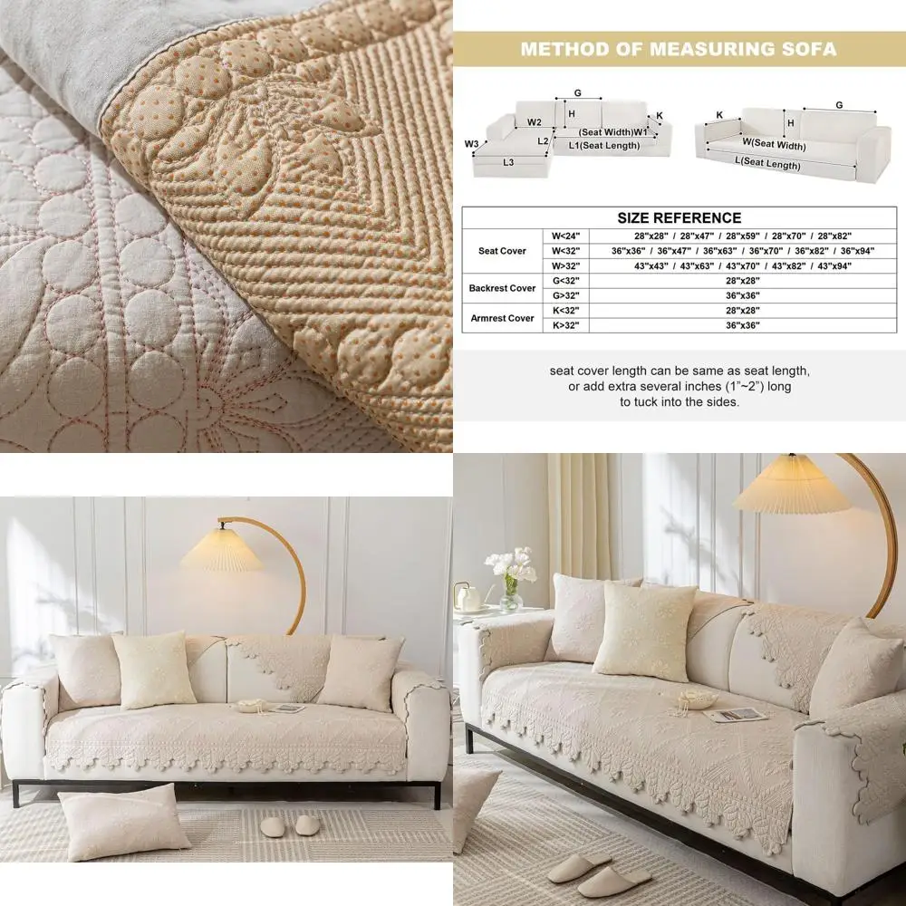 

100% Cotton Quilted Sofa Cover with Floral Embroidery, Non-Slip, Washable Couch Protector (Khaki, 43x82 inches)