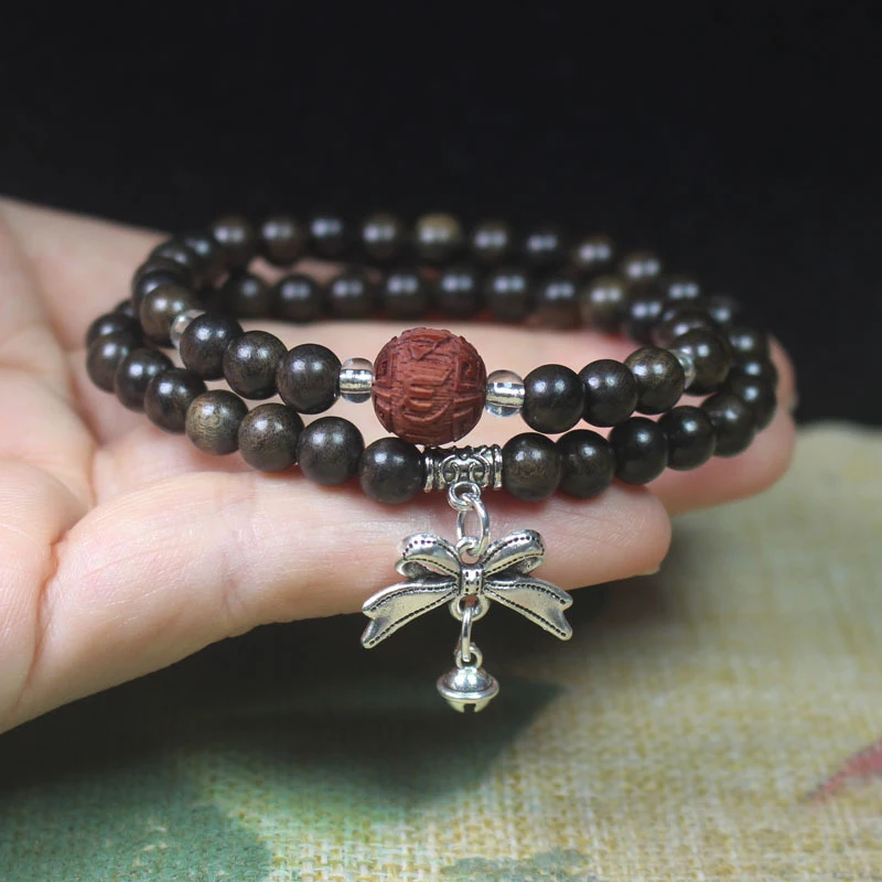 

Браслет из агарового дерева Sheng Guibao 6 мм с двойным кругом и подвеской-бантом, женский нишевый браслет и ювелирное украшение для молитв