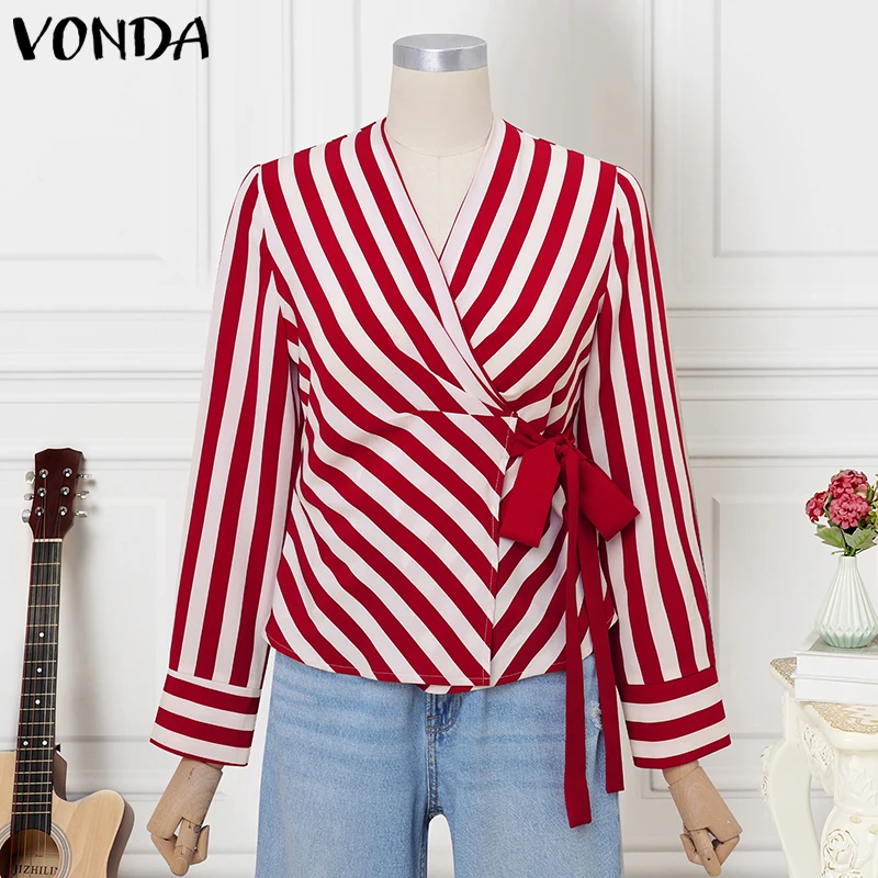 

Женские рубашки VONDA, элегантная полосатая блузка, офисная женская сексуальная блузка с v-образным вырезом, повседневная модная повязка с длинными рукавами, уличная одежда, топы, туника 2026