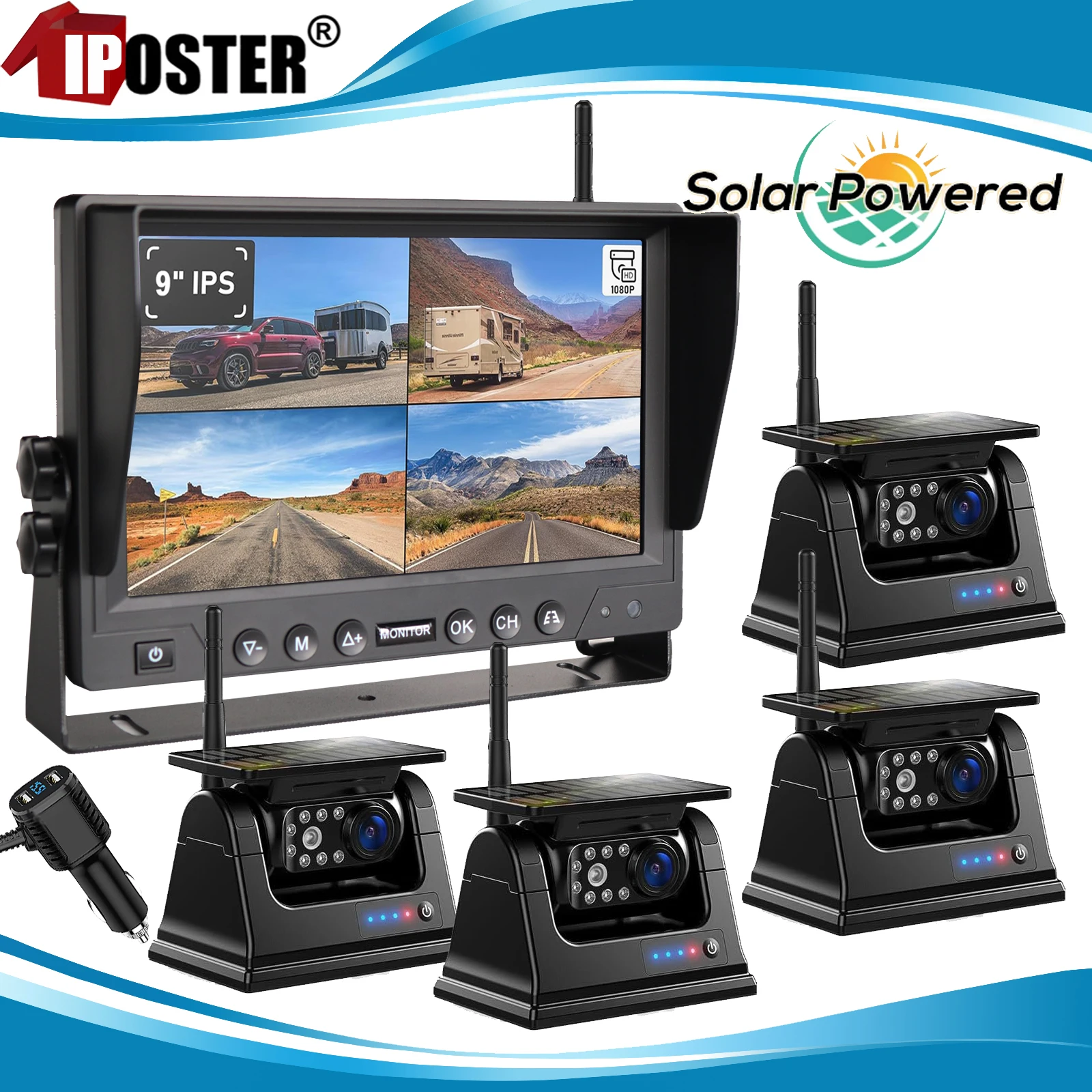 

iPoster Digital Wireless Solar Backup Camera 9 Inch IPS Screen QUAD Monitor DVR Loop Recording Standby Mode For Caravan Rv Hitch