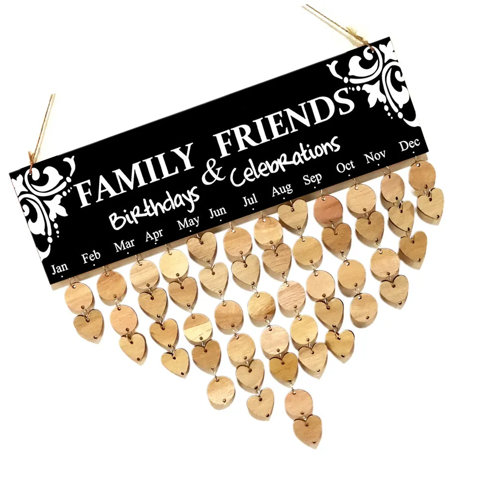 

102Pcs Wooden Family Birthday Calendar Board DIY Reminder Plaque with Discs Tags Heart Round Shapes for Anniversary Wedding
