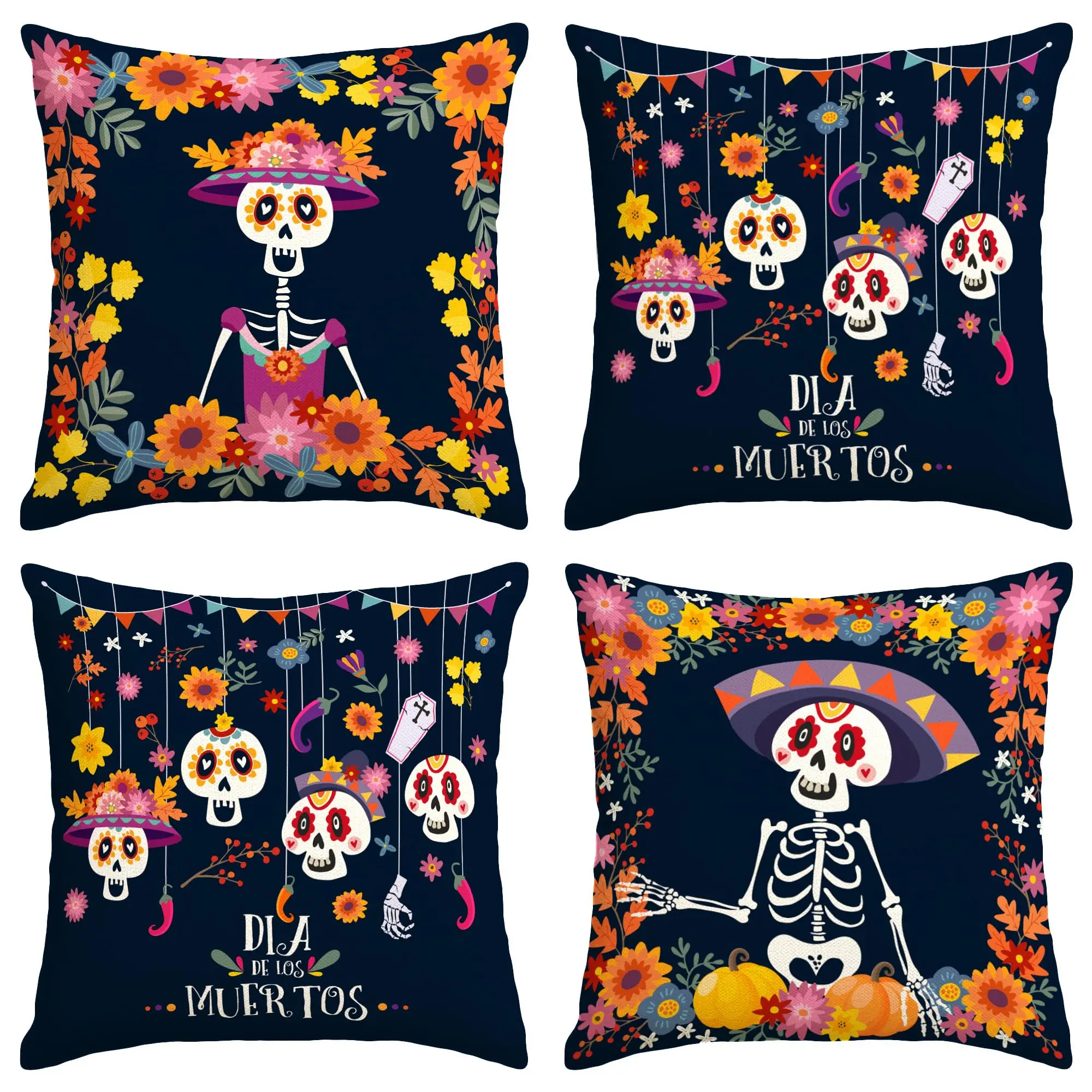 

Set of 4 Day of The Dead Pillow Covers Dia De Los Muertos Throw Pillow Case Mexican Skull Marigolds Floral Pillowcase 12x18"