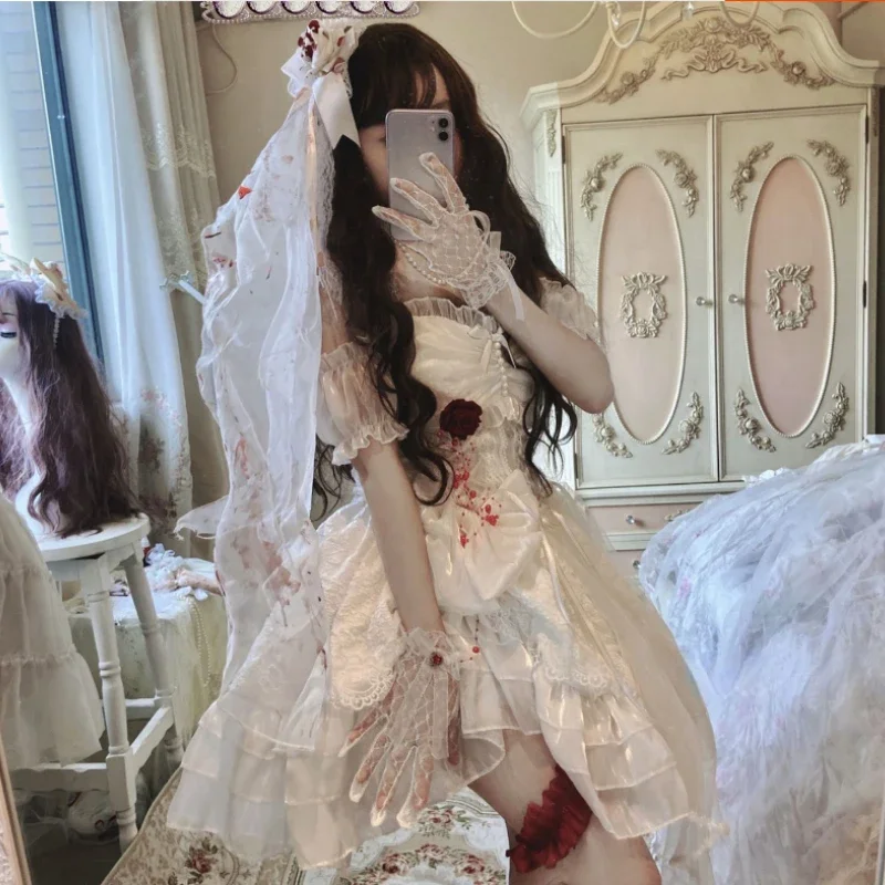 Japanese Victorian Gothic Lolita Dress Elegant Women Cute Lace Mesh Kawaii Fashion Rose Dresses White Girls Sweet Wedding Dress