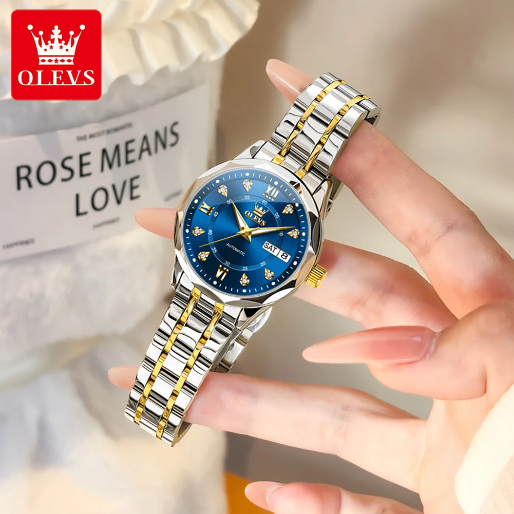 OLEVS 6727, женские часы, автоматические механические часы из нержавеющей стали, водонепроницаемые часы с календарем и неделей для женщин, роскошные элегантные новые