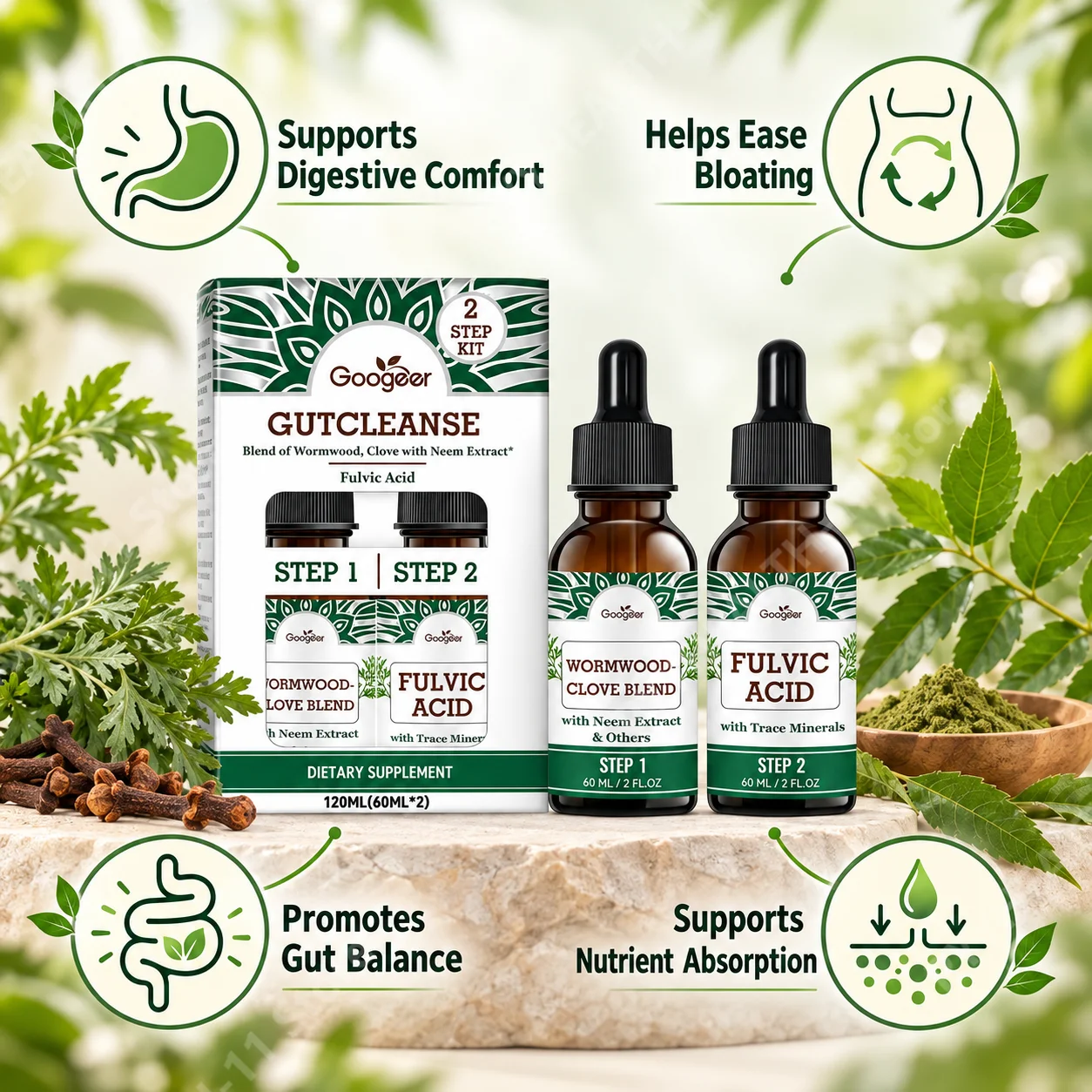 Gut Cleanse Drops 2-Step Kit Supports Digestive Comfort & Gut Balance Wormwood Clove Neem & Fulvic Acid, 120ml (2 x 60ml)