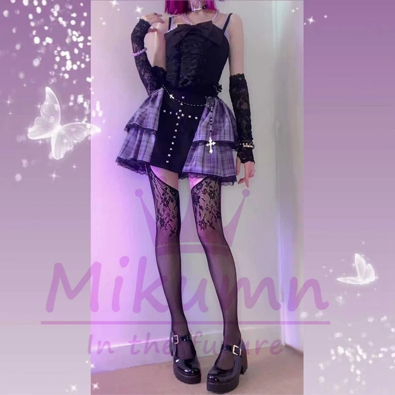 Mikumn Women Purple Plaid Skirts Harajuku Punk Elastic High Waist Pleated Skirt Chic Design Kawaii Lace Gothic Lolita Mini Skirt