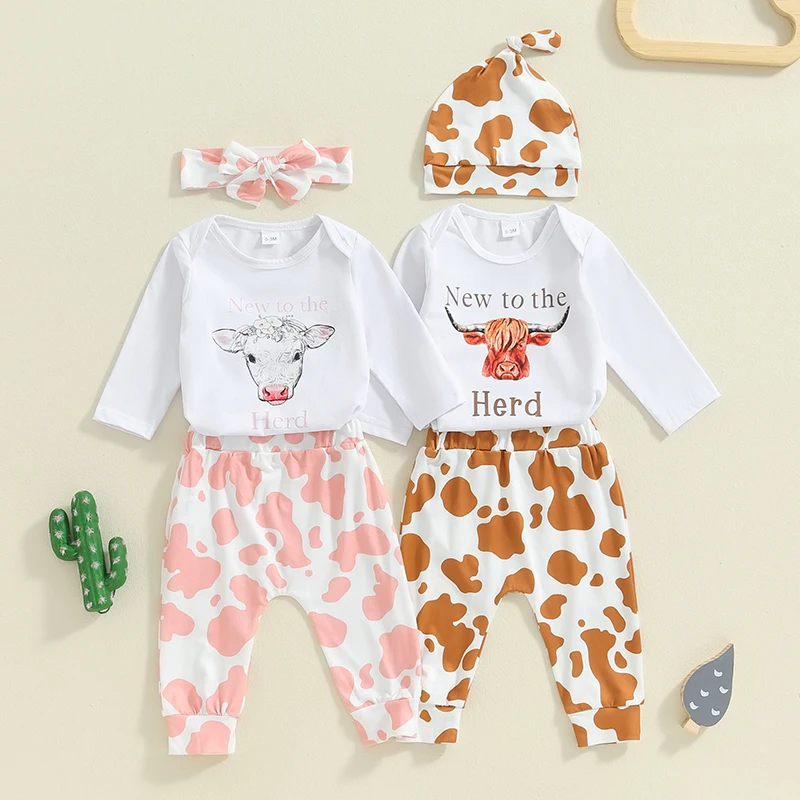 

0-18M Baby Girls 3Pcs Fall Outfits Set Long Sleeve Cow Print Button Rompers +All-over Print Long Pants +Headband Western Clothes