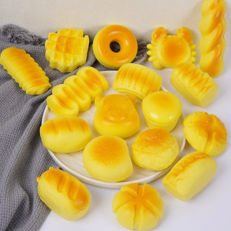 10pcs Simulation Squishy Bread Fun Slow Rebound Stress Relief Toast Squeeze Toy PU Fake Cake Model, for Office Desk Relaxation