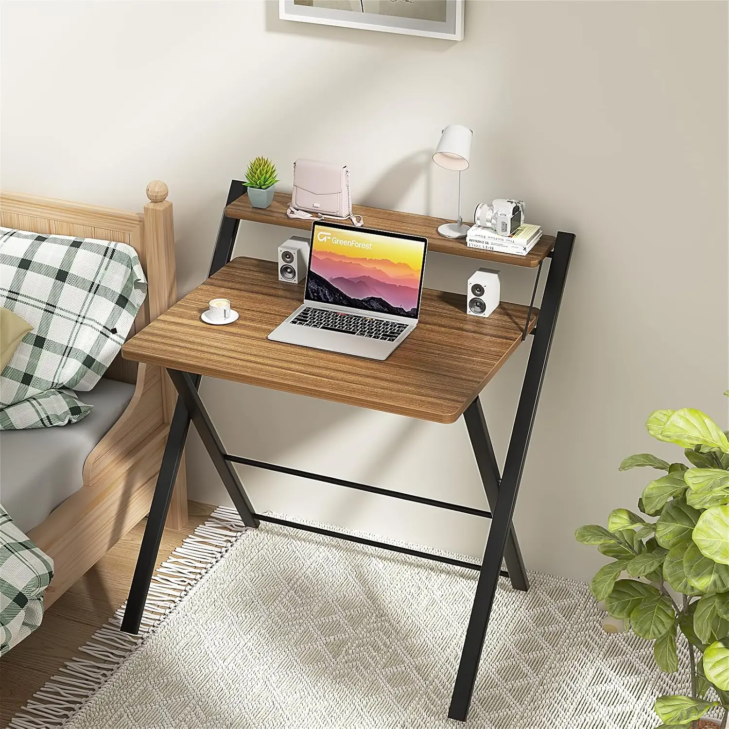 newFolding Desk No Assembly Required Small Size, 2-Tier Foldable Computer Desk with Shelf for Home Office, Space Saving Portable