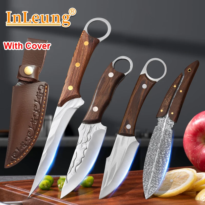 Handgeschmiedetes Entbeinmesser mit Holzgriff, scharfes Küchenmesser zum Fleischschneiden mit Lederscheide für Rind, Schwein und Fisch.