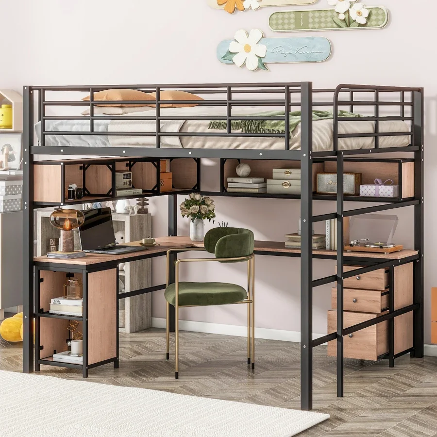 Metal Loft Bed with bookcase, desk and cabinet, Assembly required，Full size,High-quality material and solid construction