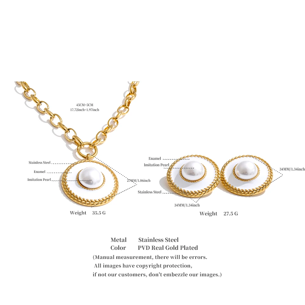 Yhpup Französisches Edelstahl-Set mit simulierten Perlen, rundem Anhänger, Halskette und Ohrringen, trendiger Statement-Schmuck für Damen – Detail 4