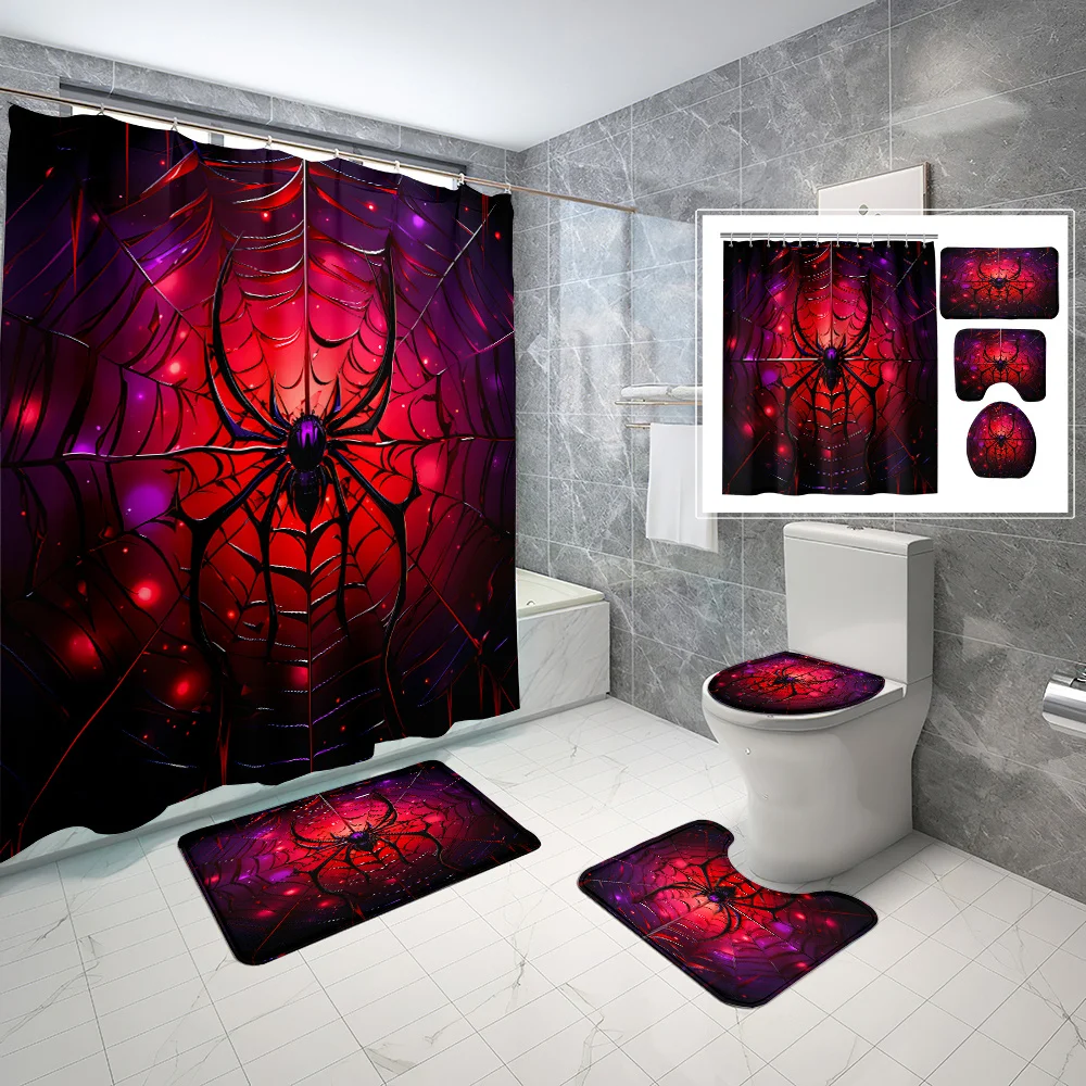4pcs Bloody Spider, Spider Web, Cool Print Pattern Shower Curtain Set, Waterproof Shower Curtain with 12 Hooks, Non-Slip Bath
