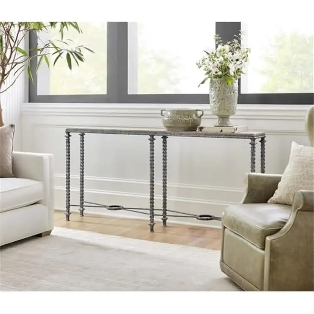 Rectangular Stone Veneer Top Metal Console Table Narrow Depth with Gray Base Metal Frame Object Stone Top 113lbs Weight Metal image 2