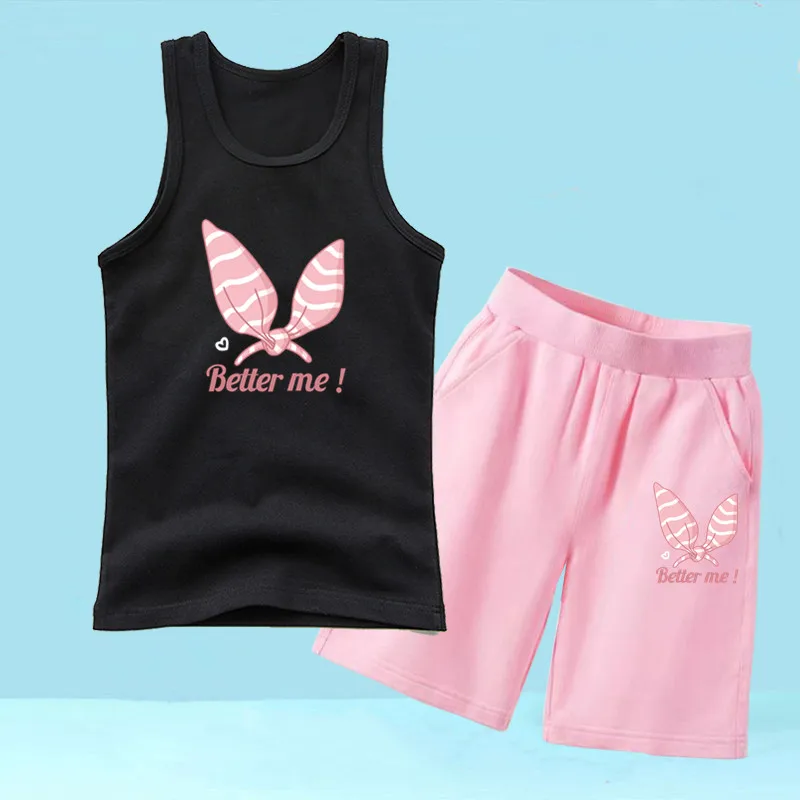 Girl's Clothing Sets 2024 Summer Korean Pink Rabbit Ear Girl Suit Children Breathable Vest +Shorts Two-piece Outfits