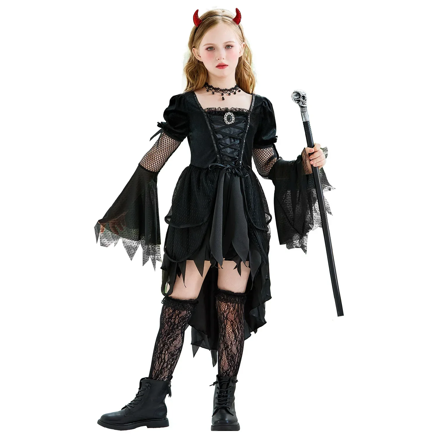 Disfraz de Bruja Vampiresa de Diablo para Niñas, Vestido Irregular Gótico con Diadema de Cuernos, Disfraz de Halloween 2026 para Niños, Cosplay de Escenario, Atuendo de Fiesta