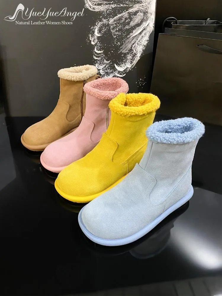 Winter Women Comfortable Zipper Cow Suede Leather Warm Fleece Lining Ankle Boots Flats Snow Boots Female Round Toe Low Cut Shoes
