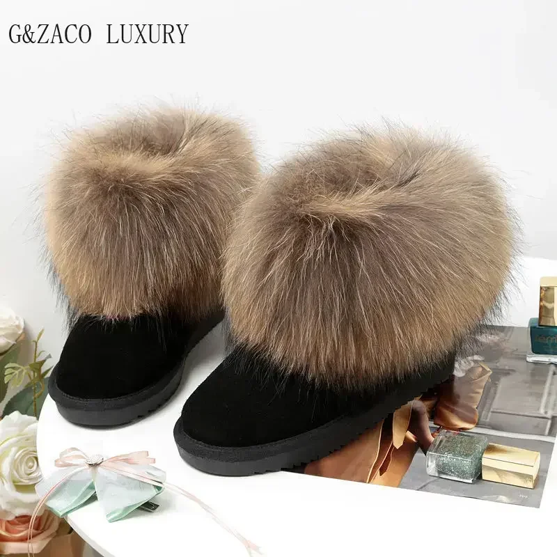 Winter Fox Fur Snow Boots Women\'s Genuine Leather Short Boots Flat Thickened Warm Raccoon Fur Cotton Shoes