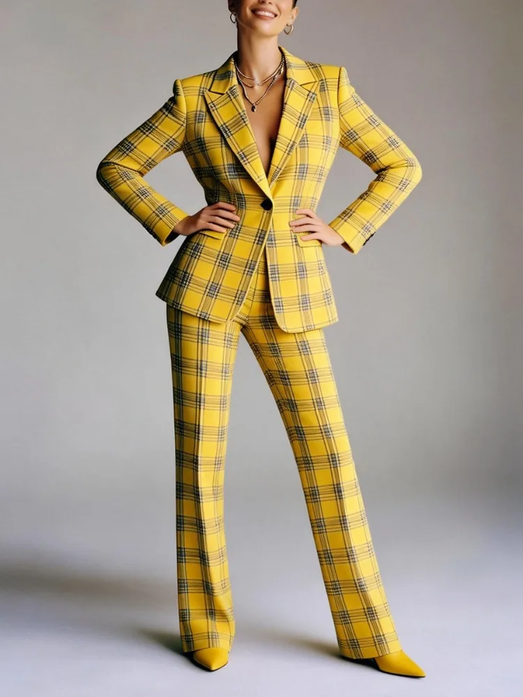 Yeezzi Office Lady Contrast Color Plaid Notched Collar Blazer 2026 New Long Sleeves Single Button Urban Casual Work Suit Jackets