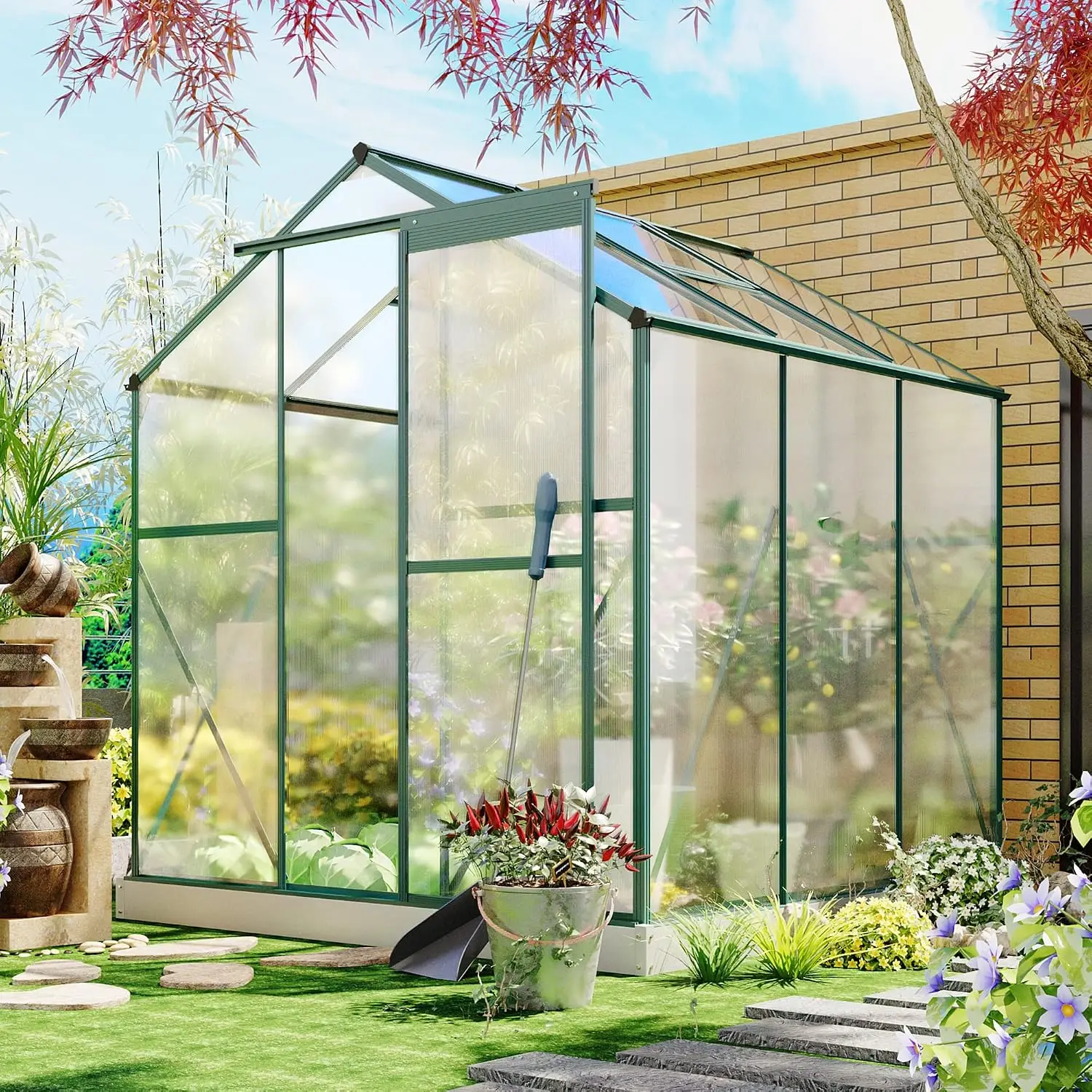 6.2ft Wx6.3ft D Walk-in Polycarbonate Greenhouse with 2 Windows Base Sliding Door Aluminum Hobby for Garden Backyard, Customized