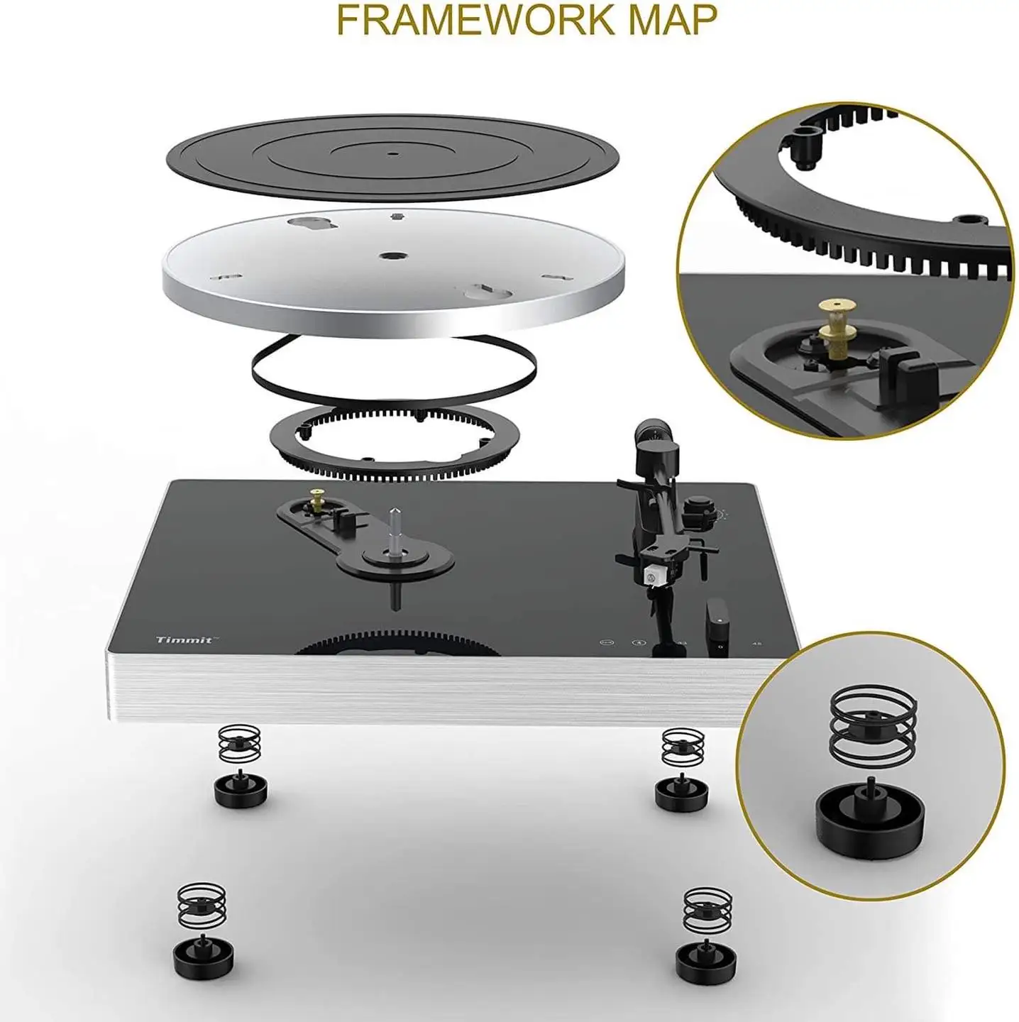 Turntable com Transmissores Blue-tooth e USB, Vinyl Record Player para Gravação PC