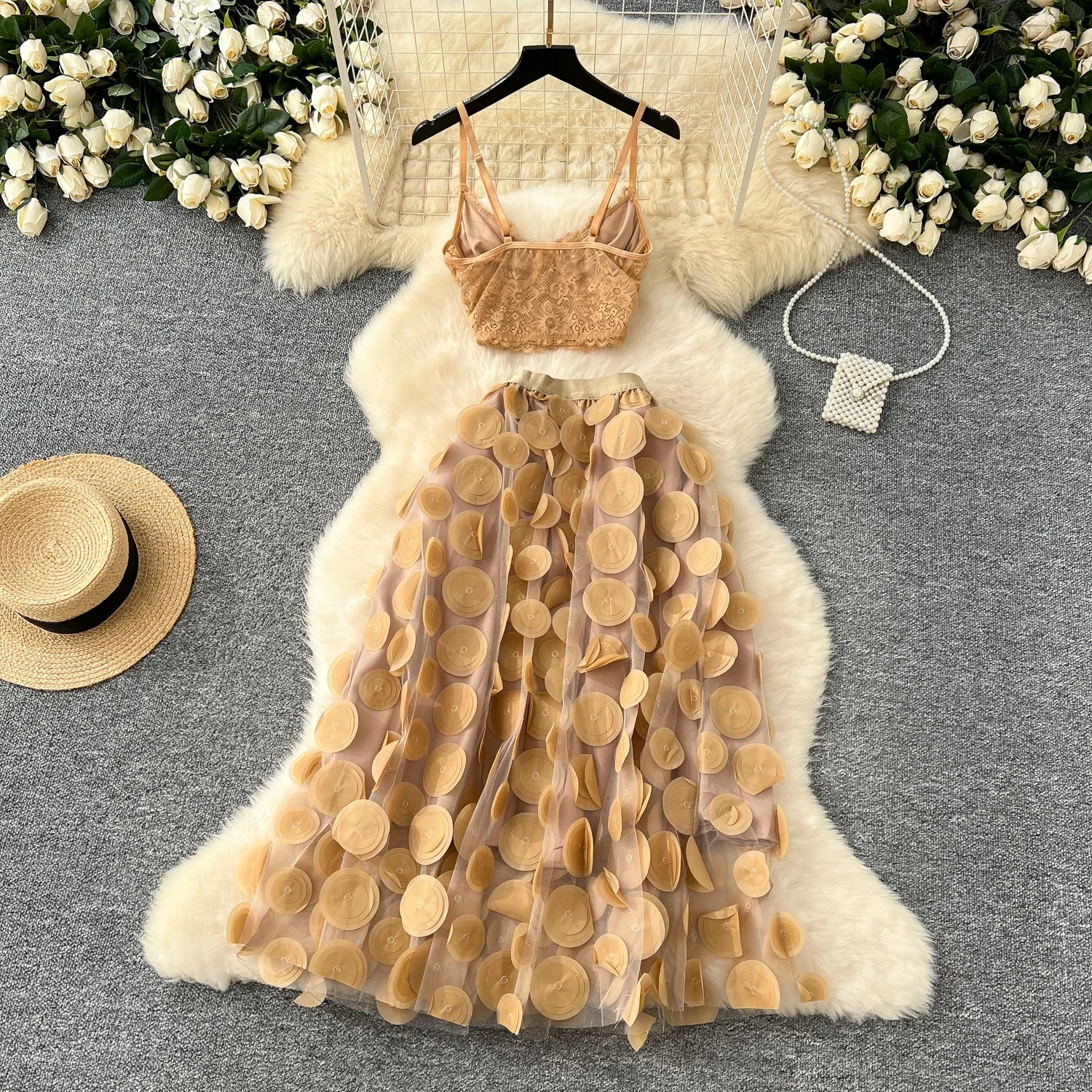 Chic Women Two-Piece Sets Off Shoulder Straps Camis Top High Waist Three-dimensional Dot Mesh Skirt High Street Summer Clothing