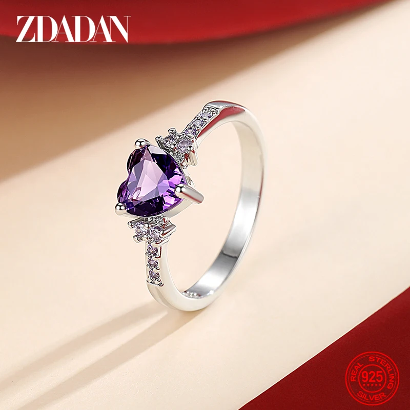 ZDADAN 925 Sterling Silver Heart Amethyst Ring For Women Girls Party Jewelry