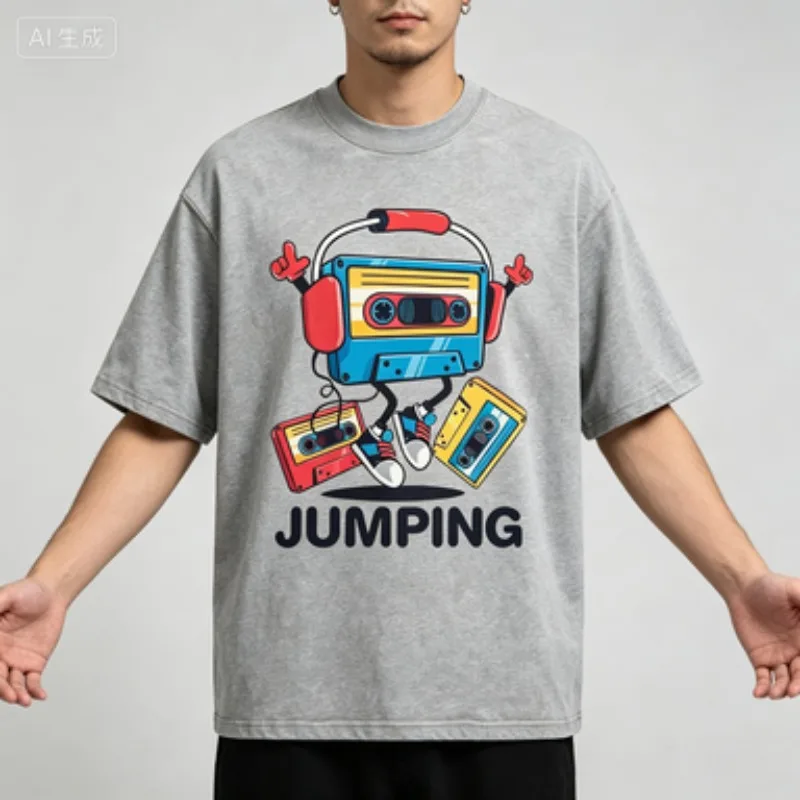 Fashion Men Vintage Cartoon Music T‑Shirt Jumping Anthropomorphic Cassette Tape Letter Print Casual Short Hop Streetwear Tops
