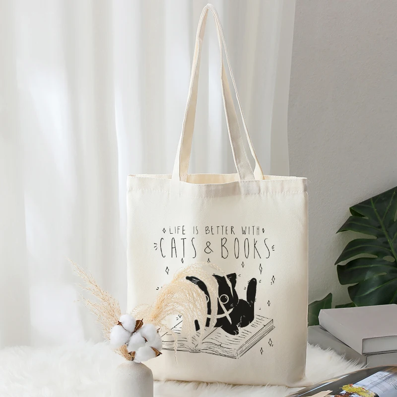 

Life Is Better with Cat and Books Pattern Tote Bag Cat Lover Shopper Pouch Cute Handbags for Women Kawali Shoulder Bag for Girls