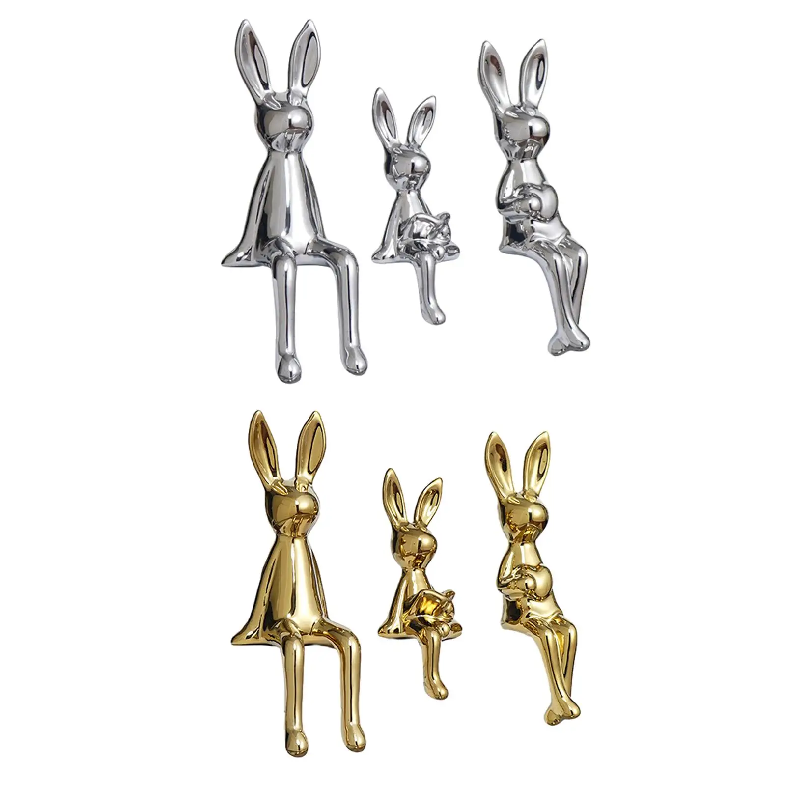 3x Bunny Family Figurine Rabbit Statues Sitting Posture Figure Sculpture Ornament for Cabinet Bedroom Home Office Hallway