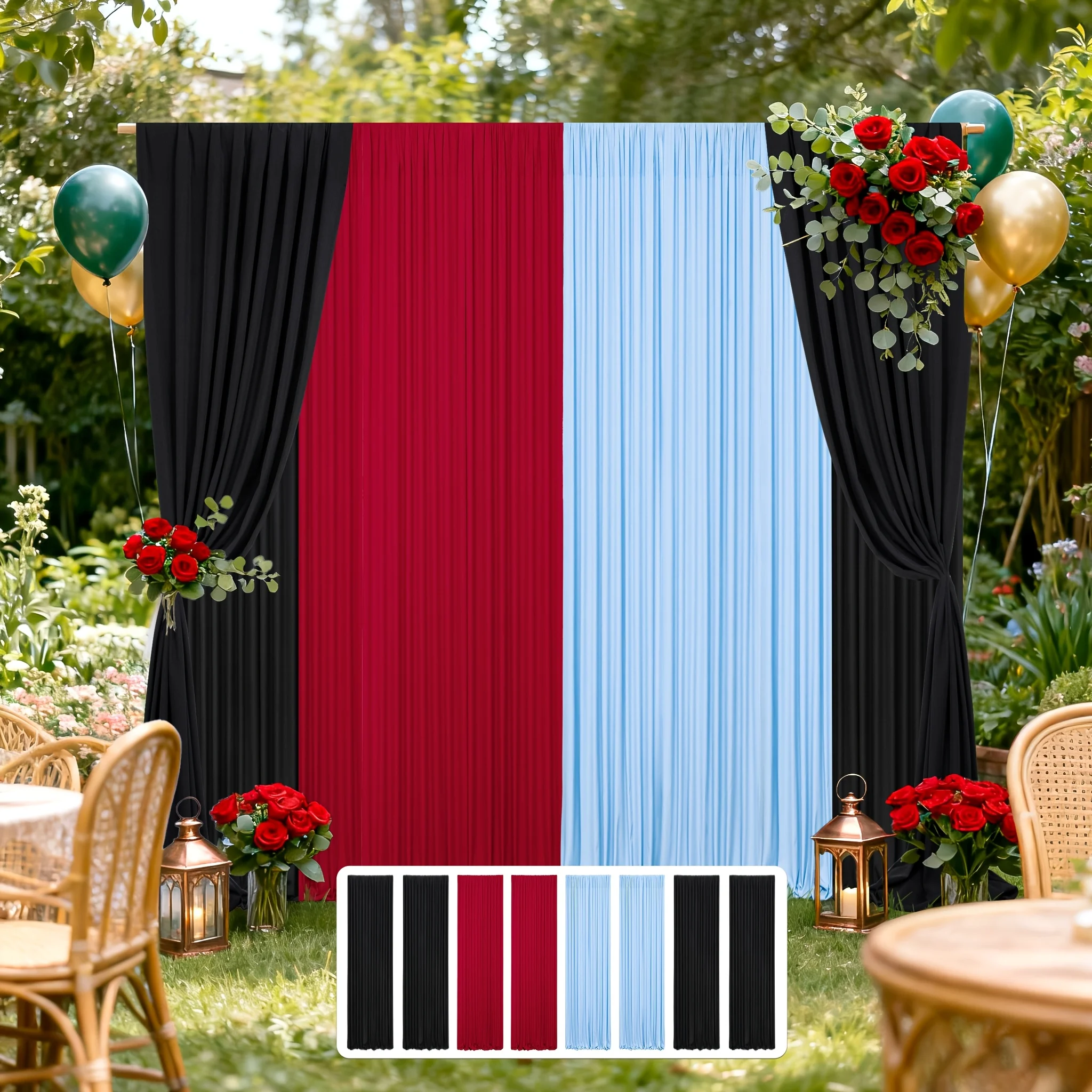 8pcs Extra-Wide 40ft x 7ft Wrinkle-Free for party Backdrop Curtain - 4 Panels Black, 2 Panels Blue & 2 Panels Red, Heavy-Duty