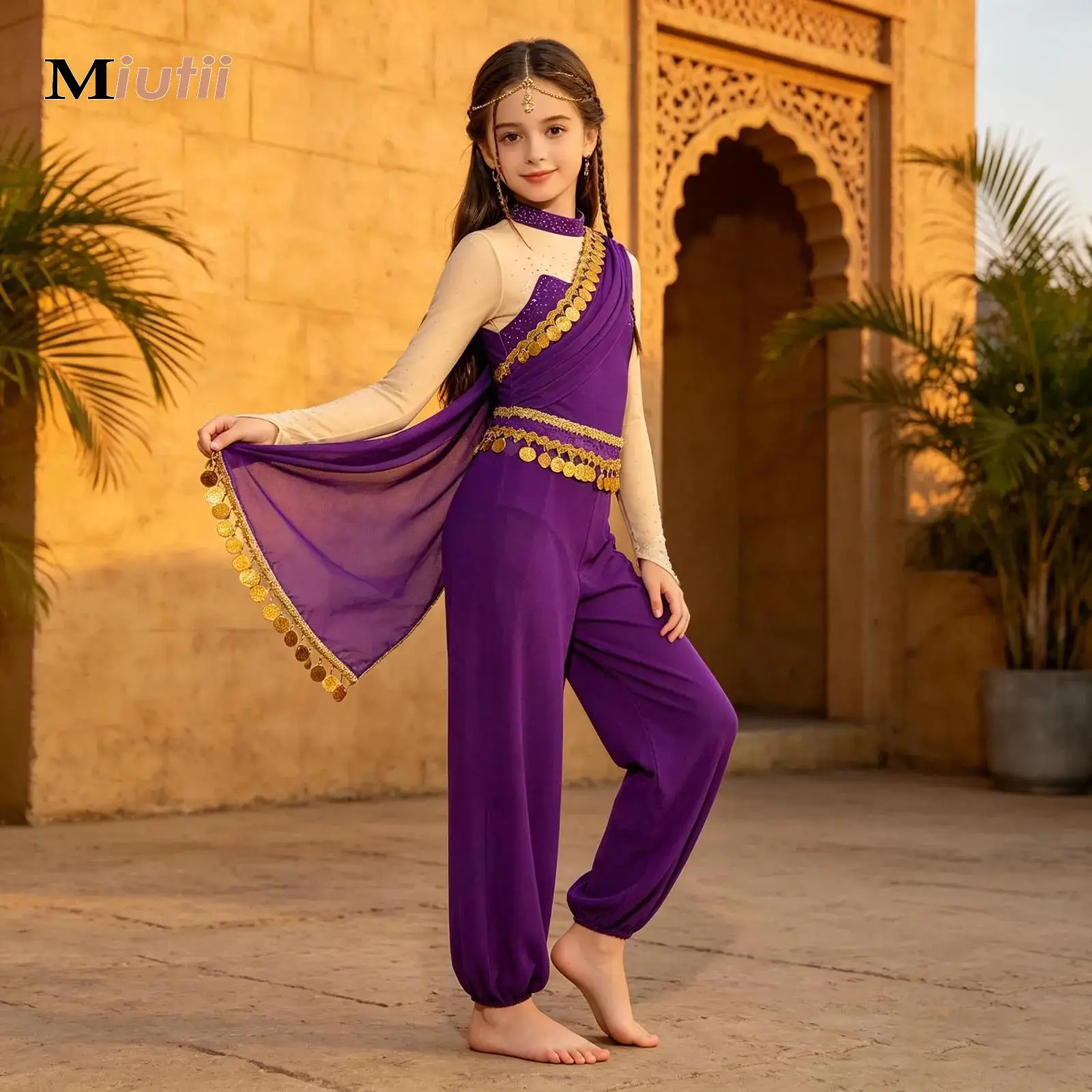 

Kids Girls Rhinestone Belly Dance Performance Costume Sequins Tassels Rhinestone Drapey Jumpsuit Arabian Princess Halloween Wear