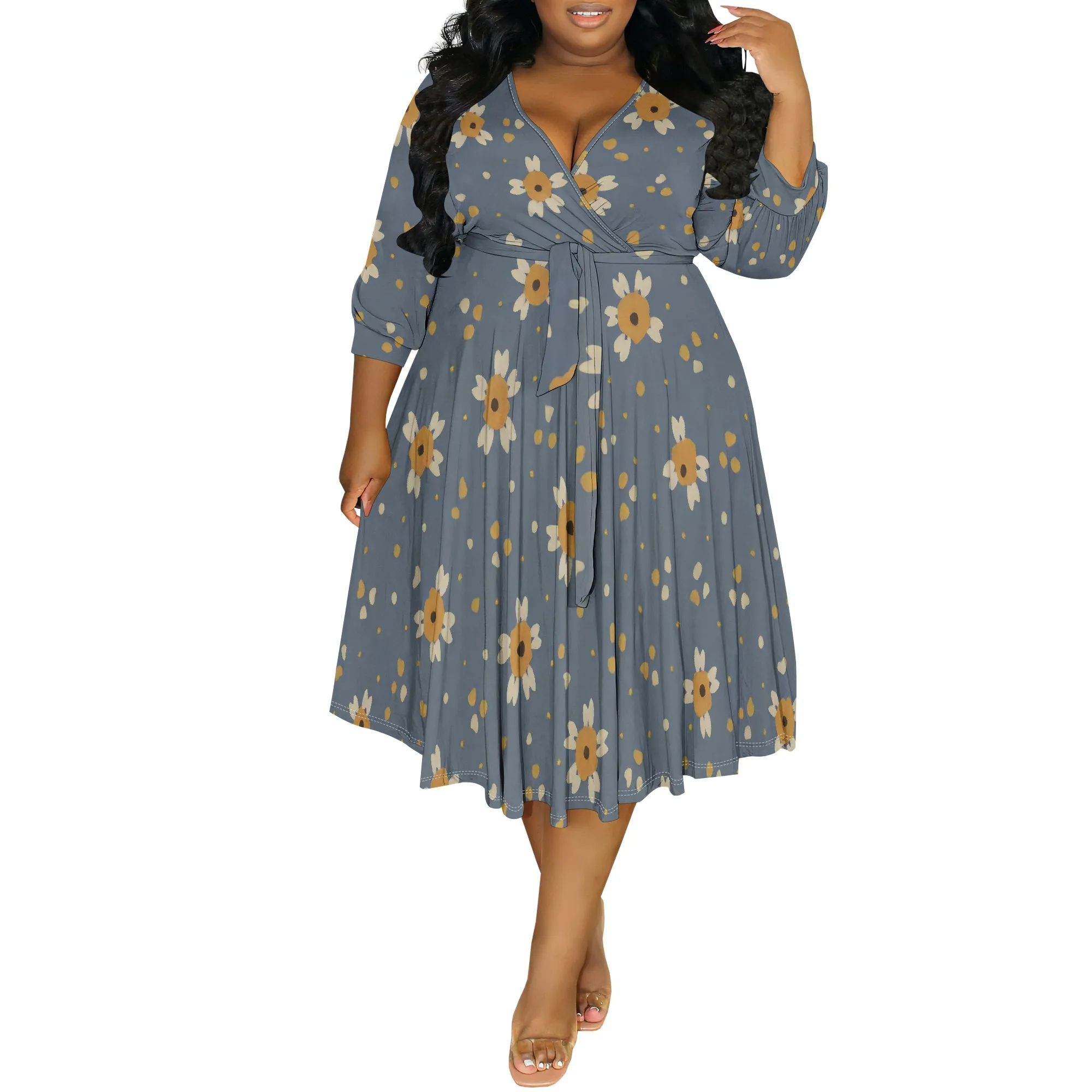 Women's Summer Short Sleeve Casual Dresses V-Neck Floral Party Dress with Pockets