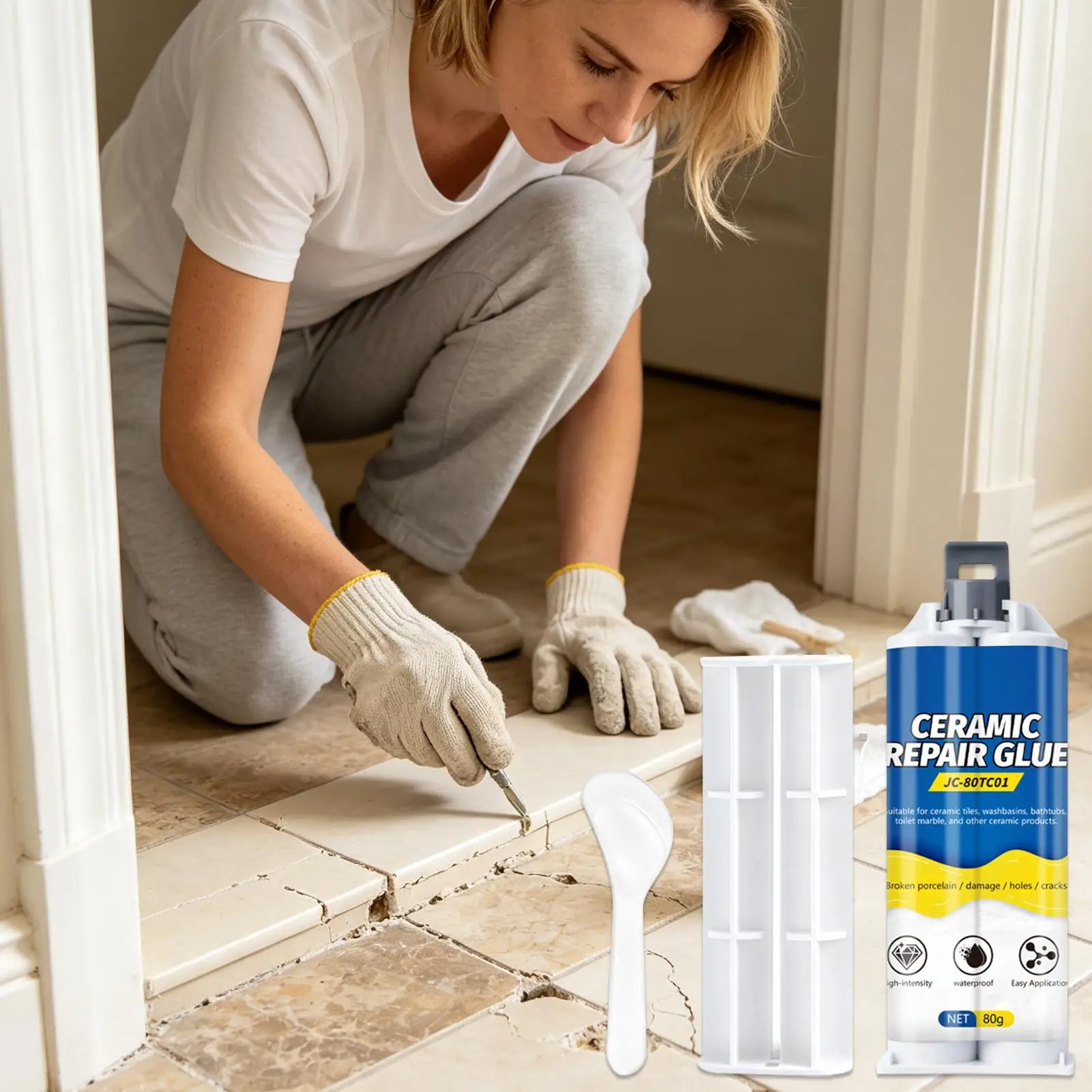 tile ceramic mending glue set equipped scraper quick fill damages on bathtub sink toilet vase indoor ceramic surface renovation