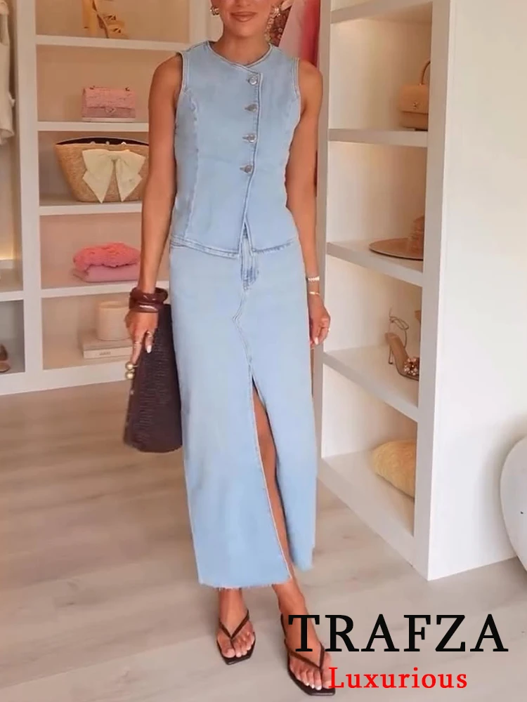 

TRAFZA Casual Solid Chic Women Suit O-Neck Single Breasted Sleeveless Top Split Long Skirt New Fashion 2025 Spring Summer Sets