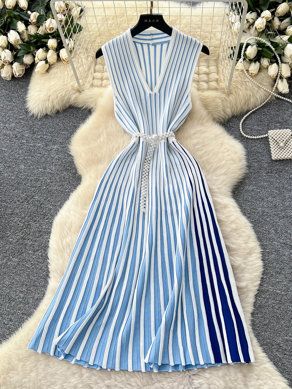 Ele Knitted Stripe Svel Dr Women's Summer Asymmetrical Collar Belted Light Maturi Long Skirt High Waist A-Line