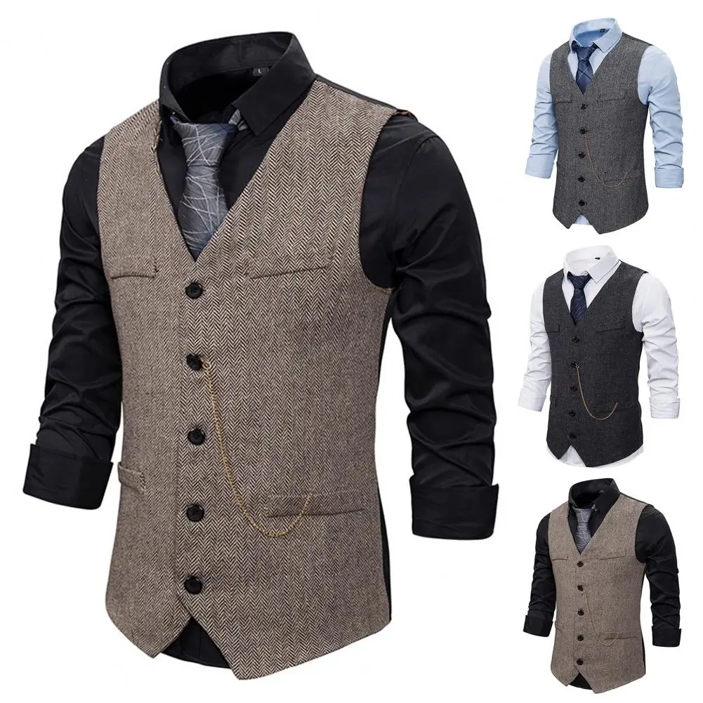 

Men Suit Coffee V Neck Herringbone Tweed Retro Slim Formal Business For Wedding Banquet Work Men Waistcoat