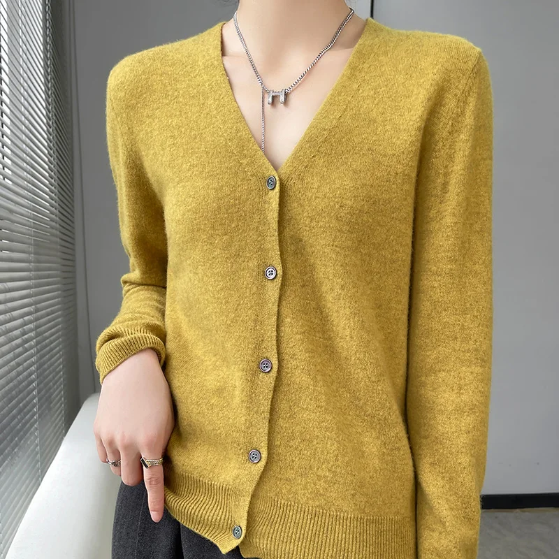 Autumn Winter Women 100% Fine Wool Sweater New V-neck Solid Color Knitted Cardigan Casual Jacket Bottoming Slim Soft Tops