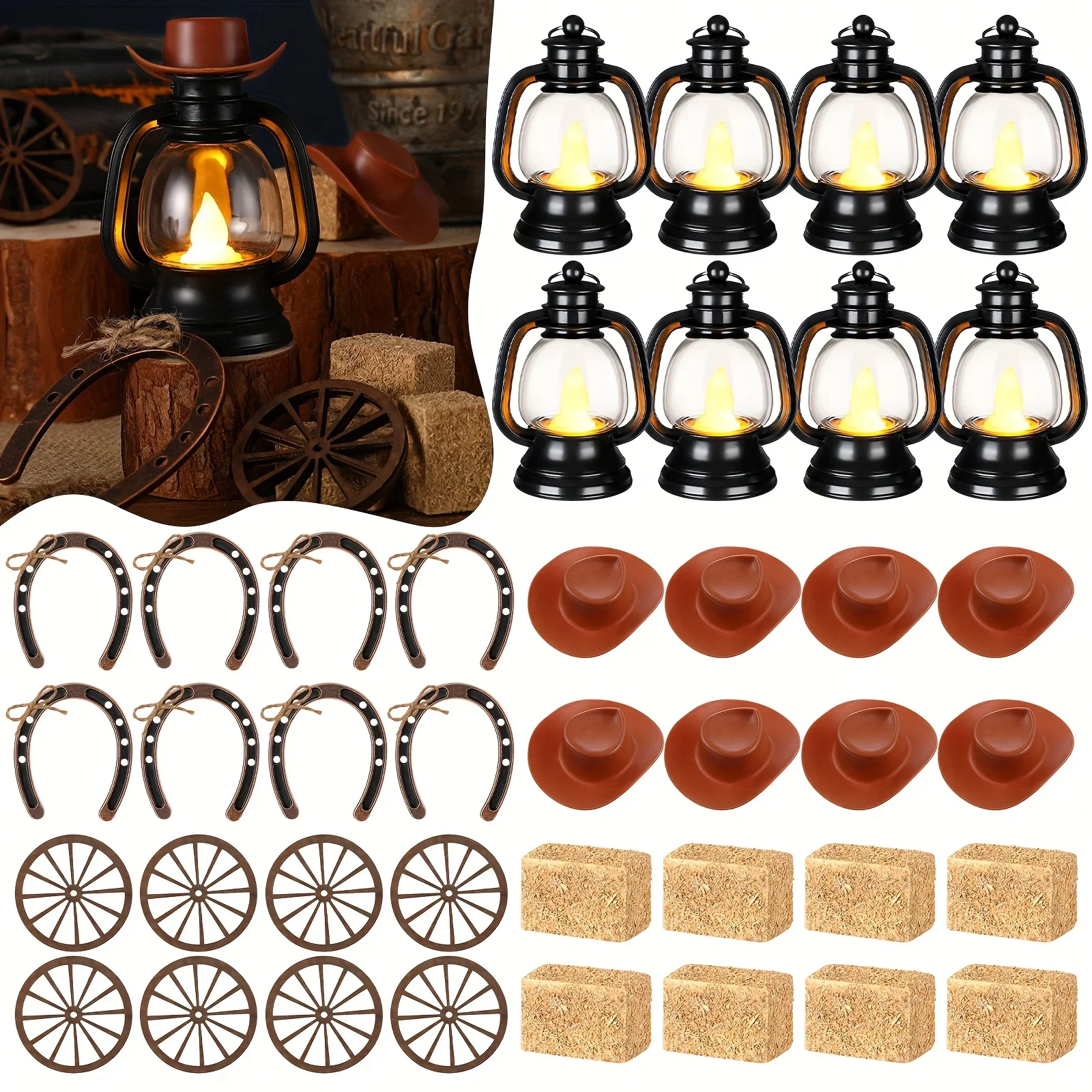 DDHOME 60pcs of Cowboy-Themed Party Decorations, Including Rustic Country Mini Cowboy Hats, Lanterns, Horseshoes, Wagon Wheels, And Hay Bales, Perfect for Adult Cowgirl Celebrations