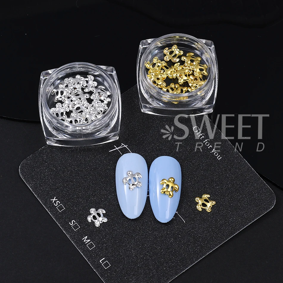 2 Bottle Little Turtle Nail Rhinestones Metallic Gold Silver Turtle Pattern Flatback Nail Charms Manicure DIY Decor Accessories