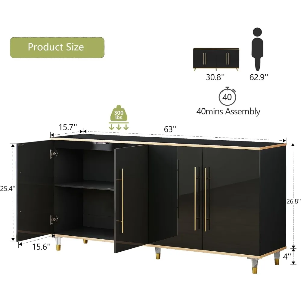 Armário buffet de 63" com armazenamento, armário de bar de café de alto brilho com prateleiras e portas ajustáveis, console de armazenamento moderno