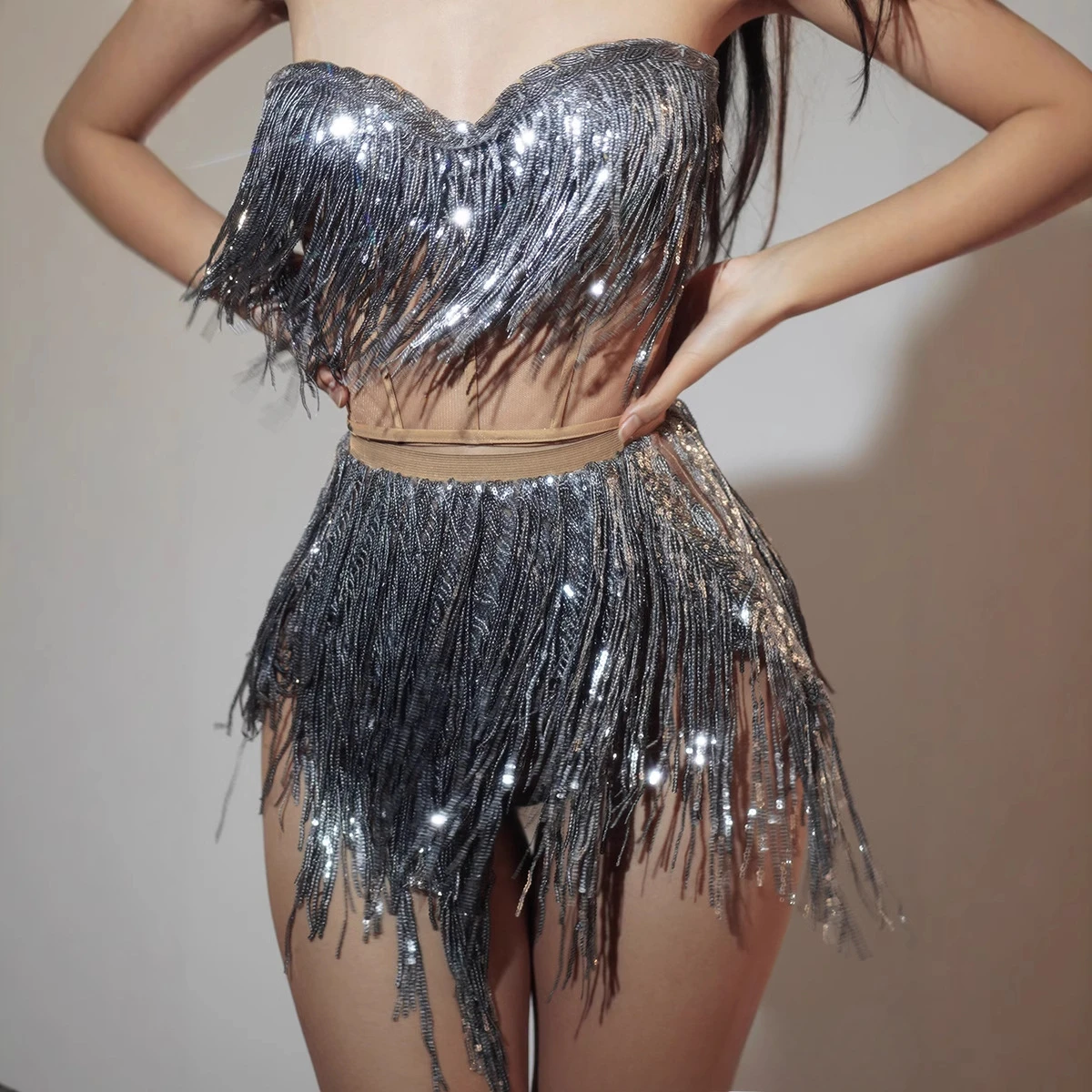 Silver-gray Fringed Split Two-piece Latin Dance Performance Suit, Female Group Stage Singing Suit Bar Dancing Vestido De Festa