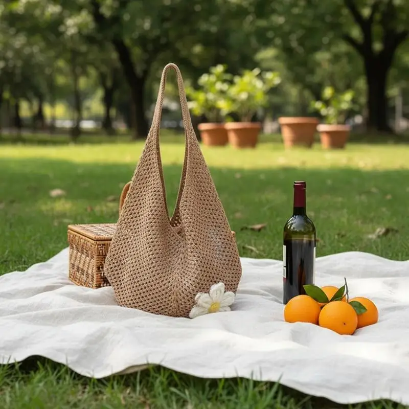 Trendy Hollow Out Weave Knitted Bag Bohemian Style Beach Handbag Casual Knitted Wicker Woven Ladies Handmade Beach Tote Bag