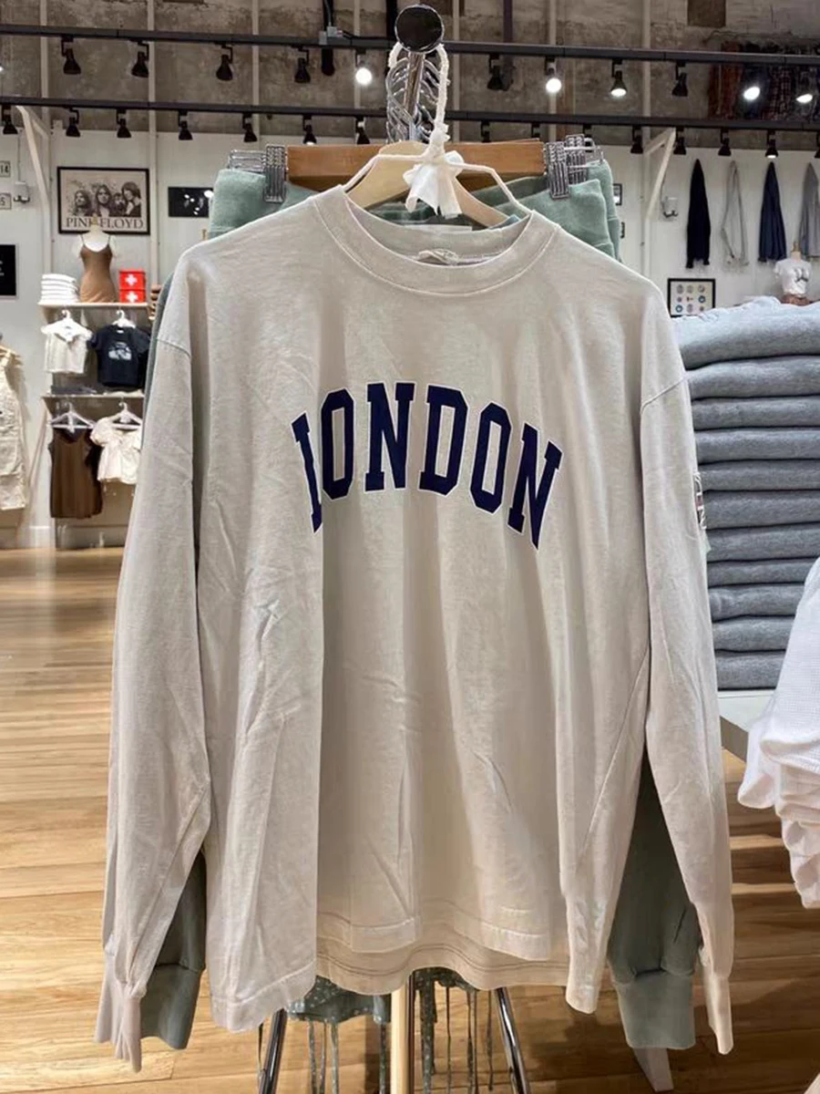 

London Print Flog Embroidery T-Shirts 2023 Spring Fashion Ladies American Long Sleeve Tee Shirts Casual Oversized Tops