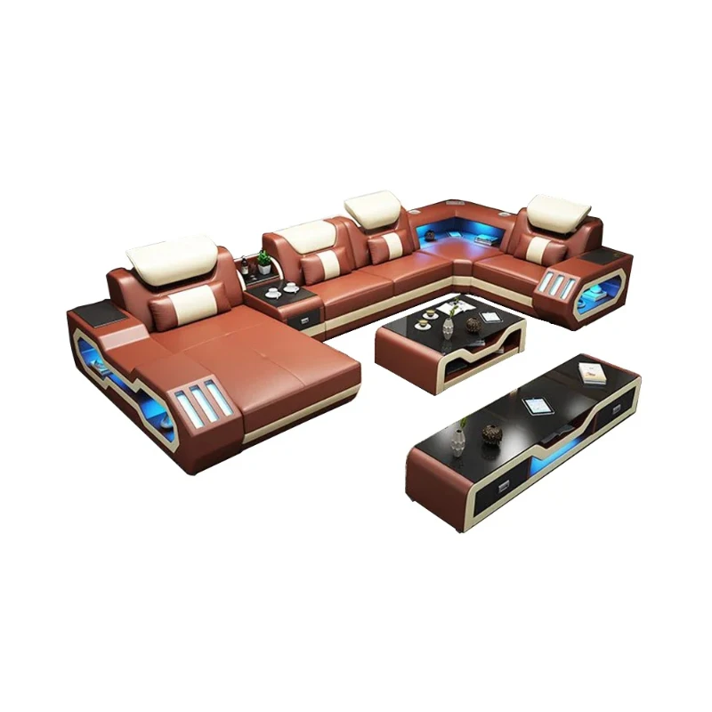 

Luxury Living Room Sofa Italian Genuine Leather Couch with Bluetooth Speaker,USB and LED Light +Coffee Table, TV Stand