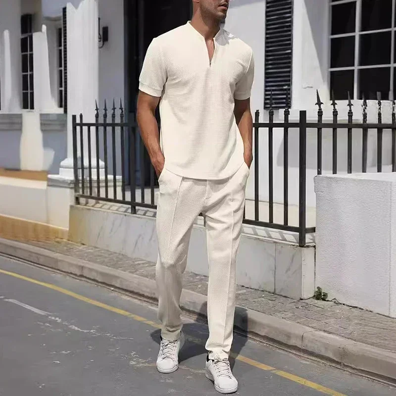 

Fashion Solid Color Mens Two Piece Suits New Casual Zipper Short Sleeve Polo Shirt And Pants Sets Men Spring Summer New Outfits