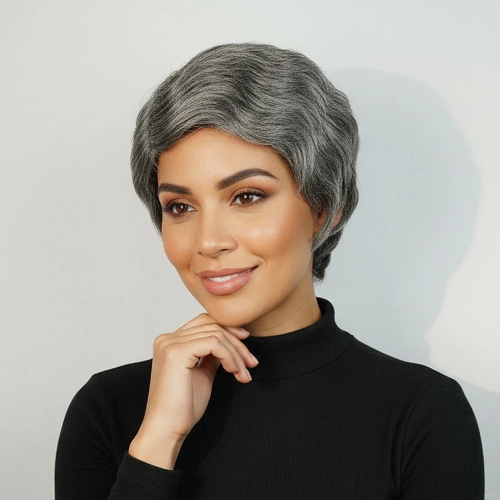 رمادي قصير عابث قطع شعر مستعار إصبع موجة خصلات الشعر المستعار الإنسان مع خط الشعر قبل قطعها للنساء شعر برازيلي كامل آلة صنع شعر مستعار #1